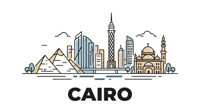 Stylized illustration of Cairo's iconic skyline featuring pyramids, modern skyscrapers, and historic mosques highlighting the