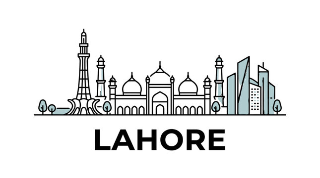 Minimalist Skyline Illustration of Lahore Featuring Iconic Architectural Landmarks and Modern Skyscrapers Emphasizing Cultural