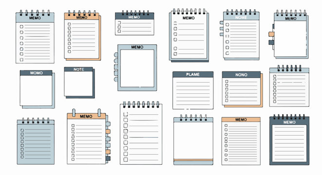 Assortment of blank notepad and memo sheet designs with checkboxes and lines