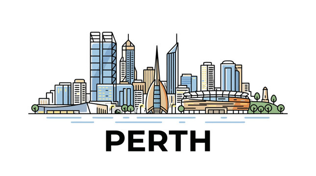 Stylized Line Drawing of Perth City Skyline Featuring Modern Buildings and Green Spaces