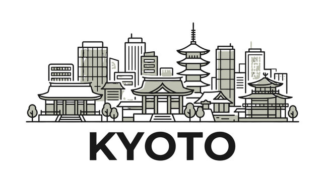 Modern Kyoto skyline blending traditional pagodas with contemporary city architecture in a sleek monochrome illustration