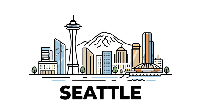 Stylized illustration of seattle skyline with iconic landmarks and surrounding scenery emphasizing urban and natural harmony
