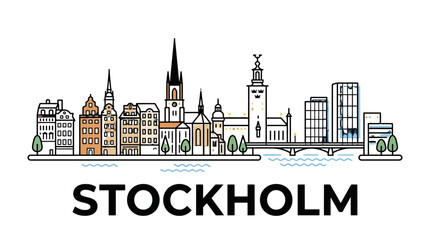 Fototapeta premium Minimalist Line Art Illustration Depicting Stockholm's Iconic Cityscape and Architectural Landmarks in a Clean and Modern Visual
