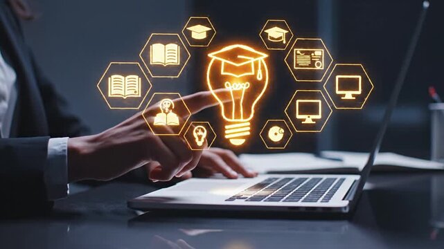 Professional's hands interacting with a laptop and a glowing digital interface showcasing educational icons and a lightbulb, representing online learning, innovation, and knowledge acquisition for...