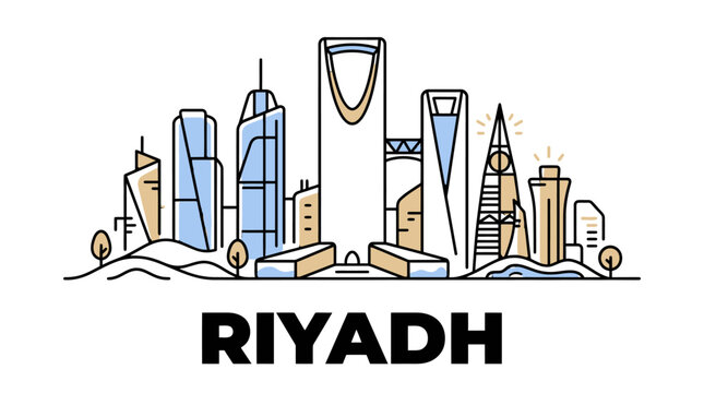 Contemporary digital illustration of Riyadh city skyline showcasing modern skyscrapers and urban landscape