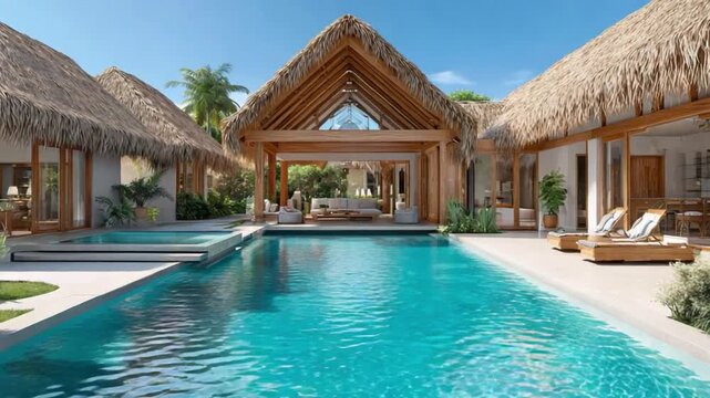 Luxury Villa with Pool: A lavish villa, boasting a pristine swimming pool and thatched roof, epitomizes tropical tranquility and sophisticated leisure.