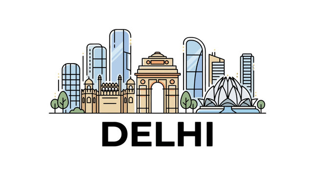 Stylized cityscape of Delhi featuring modern skyscrapers historic monuments and iconic landmarks in a minimalist line art style