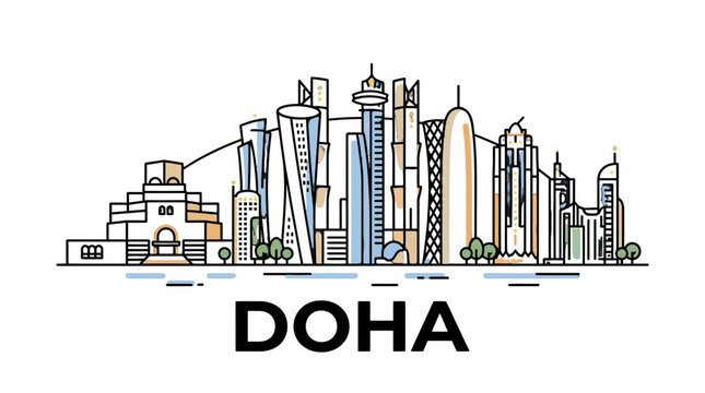 Stylized illustration of the vibrant Doha skyline showcasing modern skyscrapers and iconic architecture under minimalistic design