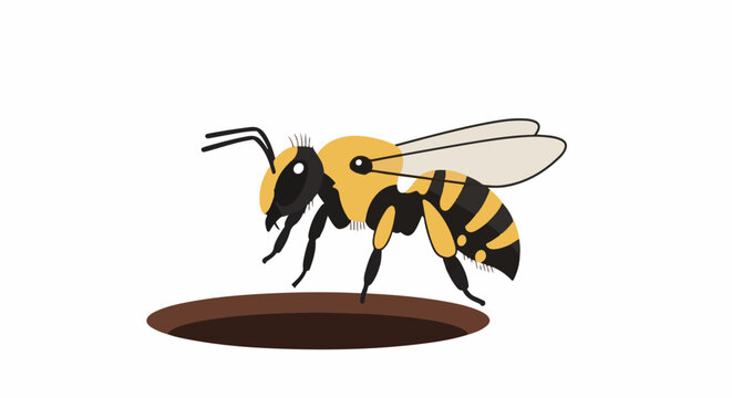 A yellow and black striped bee on a brown surface, with wings extended
