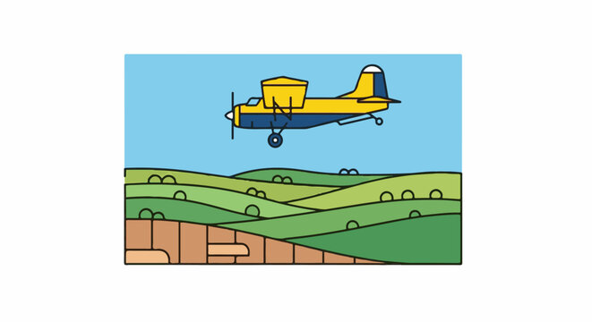 A yellow and blue crop duster flies over rolling green hills and brown fields