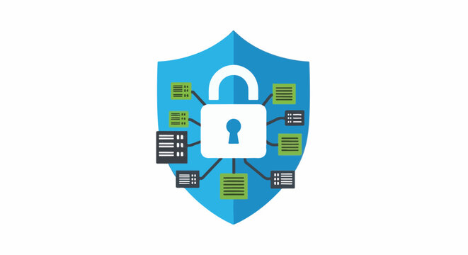 A white padlock on a blue shield with data blocks connected