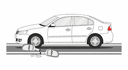 Obraz premium A white sedan with a broken side mirror and shattered glass on a road