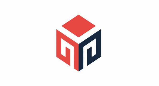 Abstract 3D cube shape with red and dark blue geometric patterns