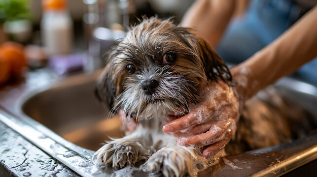 A small wet shih tzu being washed with shampoo lather in a stainless steel sink, shih tzu wash, shampoo suds, stainless sink, pet salon, small dog, bath time, hygiene service,