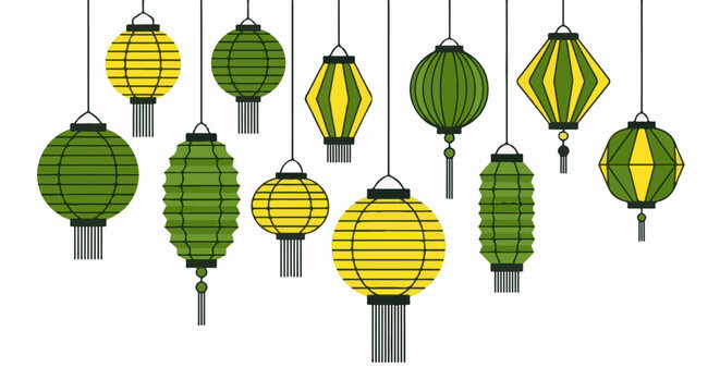 An array of traditional green and yellow hanging lanterns with tassels