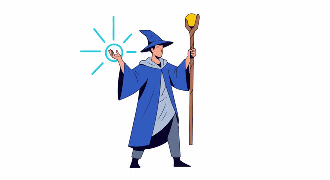 A wizard in a blue robe and hat conjures a light