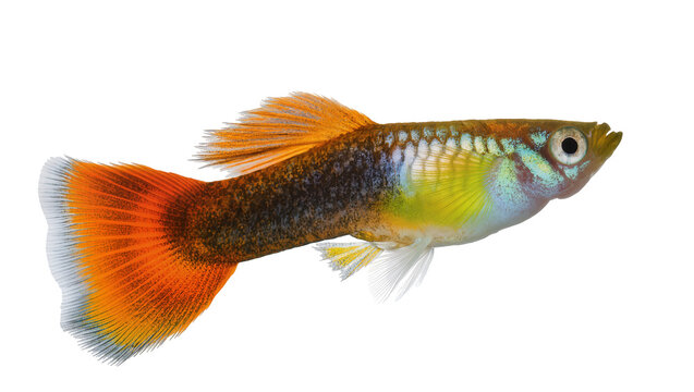 Colorful guppy fish with orange tail fins, isolated on transparent background