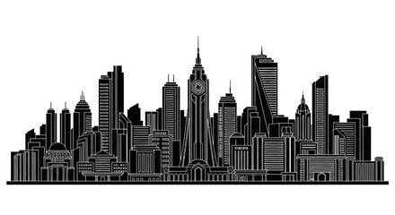 Fototapeta premium Black and white city skyline silhouette, urban architecture icon