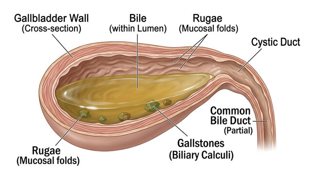 Cross‑section of the gallbladder wall showing rugae of mucosa, lumen containing bile, connection to cystic duct and common bile duct, and presence of gallstones (biliary calculi) lodged near the neck 