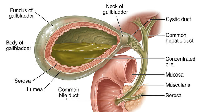 Anatomical diagram of the gallbladder attached to bile ducts, showing fundus, body, neck, mucosa, muscularis and serosa layers, lumen filled with concentrated bile draining through cystic duct into co