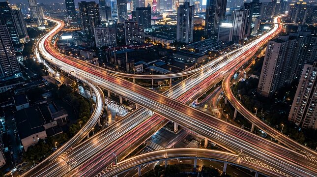 Overhead view of urban city freeway interchange with vehicle light trails at twilight