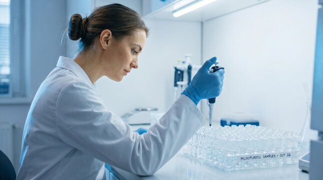 Scientist in sterile white laboratory environment pipetting microplastic particle samples into glass vials arranged in precise rows under br