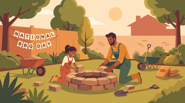 Father and daughter building a brick fire pit in a sunny backyard