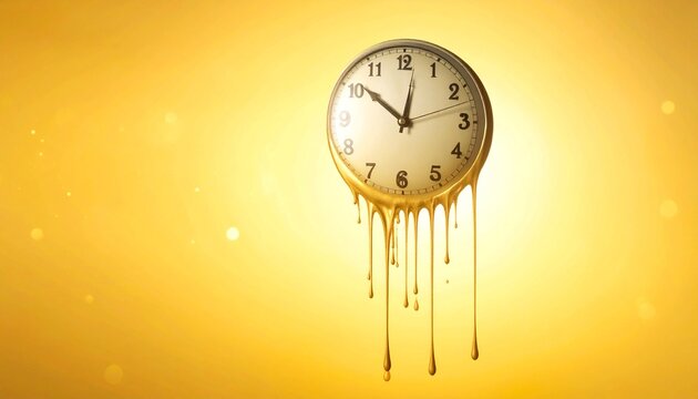 A melting clock dissolves against radiant yellow, symbolizing time&rsquo;s fragility, surreal impermanence, and the dreamlike tension between rigid measurement and fluid, uncontrollable passage of existence