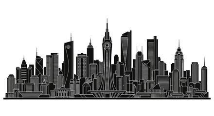 Fototapeta premium Modern city skyline silhouette with tall skyscrapers, urban architecture