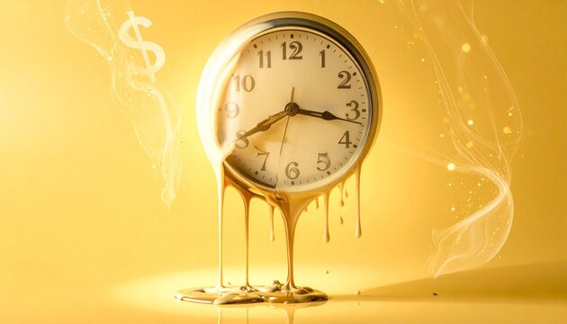 A melting clock dissolves against radiant yellow, symbolizing time&rsquo;s fragility, surreal impermanence, and the dreamlike tension between rigid measurement and fluid, uncontrollable passage of existence