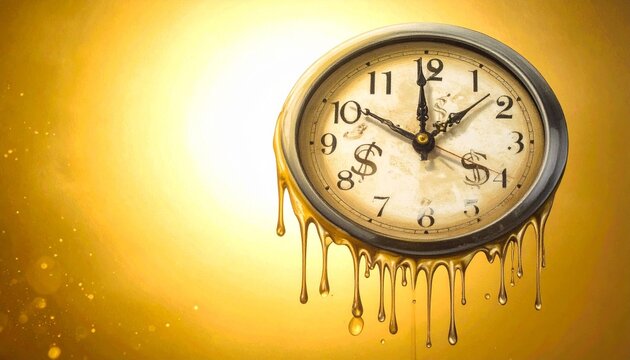 A melting clock dissolves against radiant yellow, symbolizing time&rsquo;s fragility, surreal impermanence, and the dreamlike tension between rigid measurement and fluid, uncontrollable passage of existence