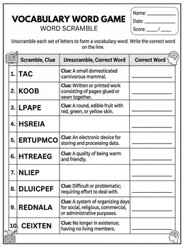Vocabulary word game worksheet with scrambled words and clues  