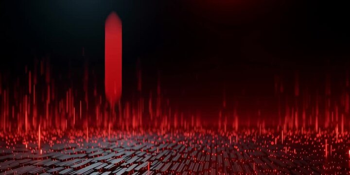 A red exclamation mark rising from a digital landscape to symbolize urgent alert signals and high level risk warnings