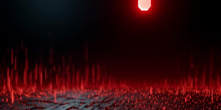 A red exclamation mark rising from a digital landscape to symbolize urgent alert signals and high level risk warnings