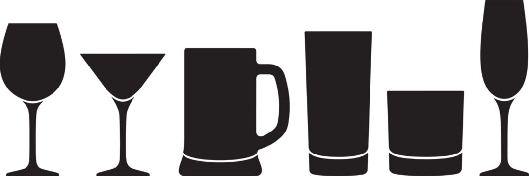 premium Black, vector, glassware, icons, set, 6, silhouette, wine, beer, cup vector illustration