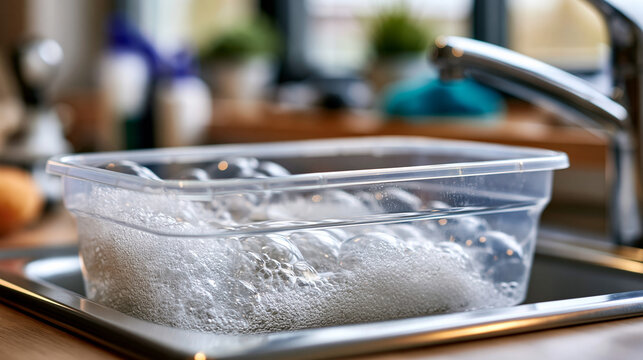 A clear plastic tub of pet shampoo bubbles forming a foamy lather in a grooming sink, pet shampoo, foamy lather, grooming sink, bath products, hygiene service, attentive care,