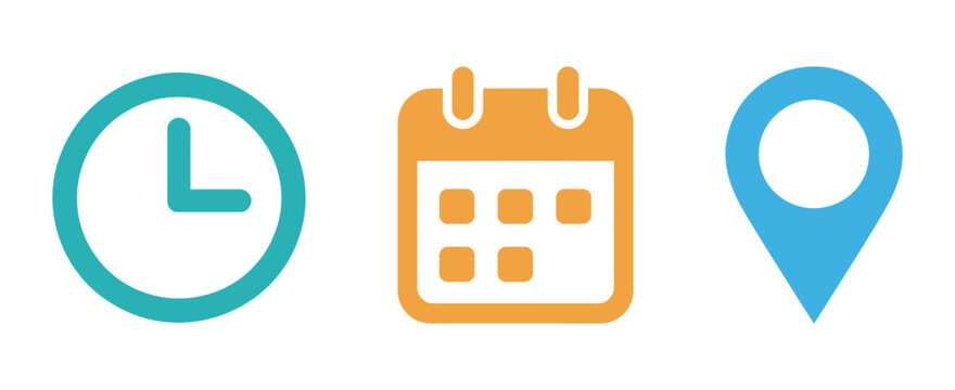 Calendar clock location pin icon vector set, date time and place notification symbols, scheduling and reminder UI graphics, modern minimal interface design elements.