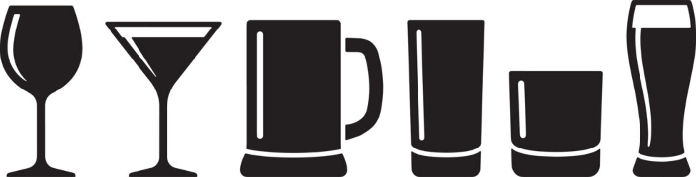 premium Black, vector, glassware icons, drinking glasses, barware, 6 pcs vector illustration