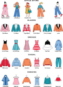 Illustrated puffer jacket and striped robe on hangers winter clothing collection