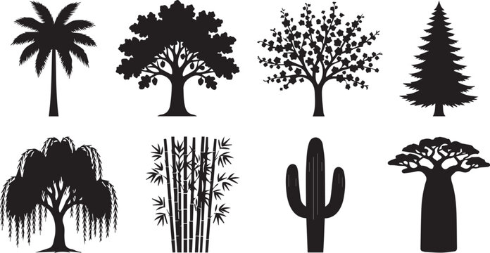 Tree Silhouettes Vector Set - Palm, Pine, Baobab, Willow, Bamboo, Cactus and More
