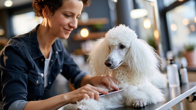A wide tooth comb shaping the fluffy fur of a large white poodle on a grooming table, wide tooth comb, white poodle, fluffy fur, grooming table, specialized care, styling service,