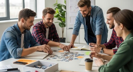 Fototapeta premium Startup team collaborating on a puzzle, discussing ideas at a table in a modern office environment.