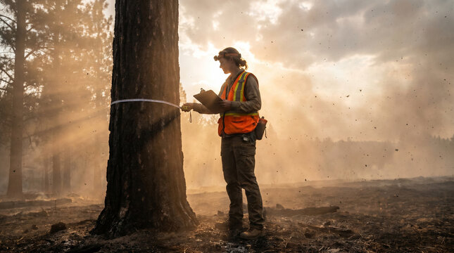 Solitary ecologist in orange safety vest walking through a desolate wildfire aftermath landscape, clipboard in hand, measuring a blackened p 2