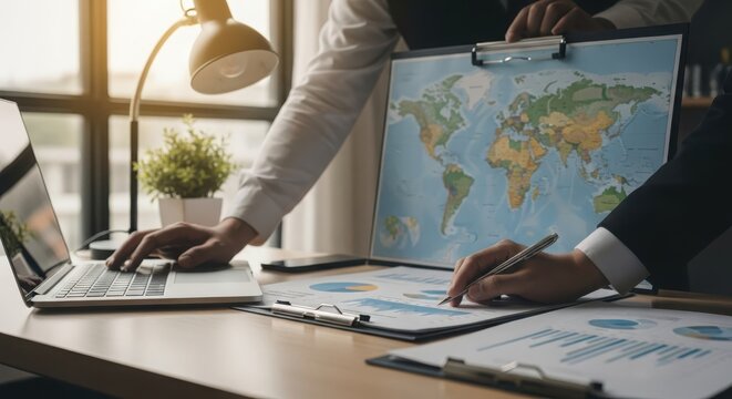Entrepreneurs collaborating and planning global business strategy with maps and data analysis at a modern office desk