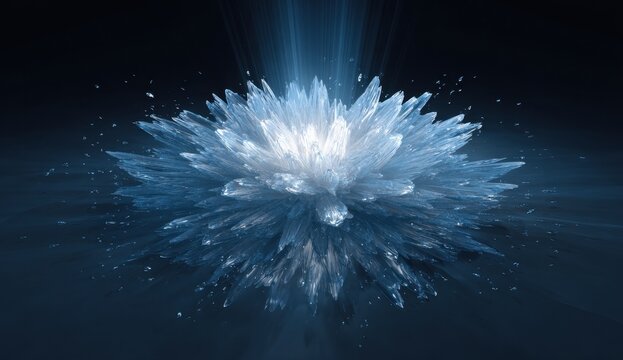 An ice crystal resembling an device burst with intricate sharp edges and icy textures, set