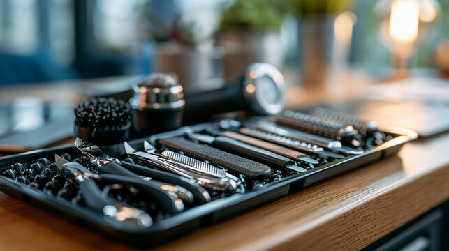 A row of nail clippers, files and grinders arranged on a salon tray for a pet manicure, nail clippers, files, grinders, salon tray, pet manicure, professional tools, organized