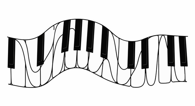 A wavy, black and white piano keyboard artfully rendered in a sketch style