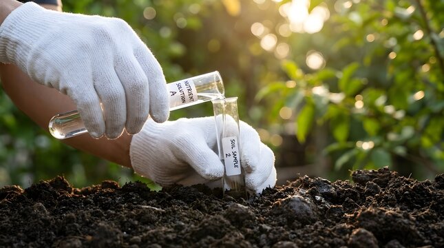 Close up hands in white gloves pouring nutrient liquid into soil test tube.