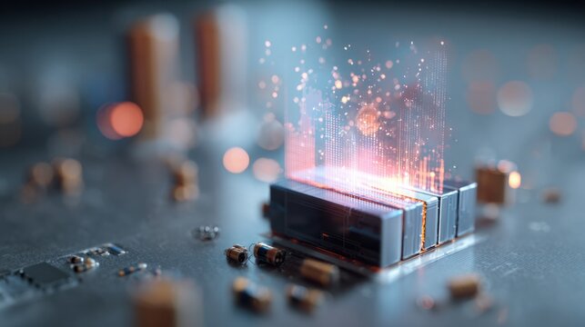 Animated view of a battery box with electronic components and sparks, showing energy and power