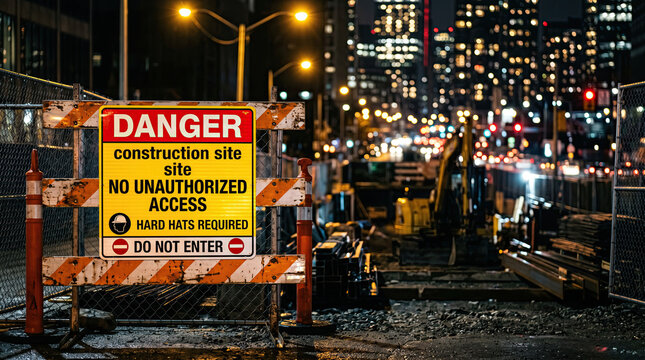 Danger sign indicating construction site with no unauthorized access, hard hats required, illuminated city skyline in the background at night